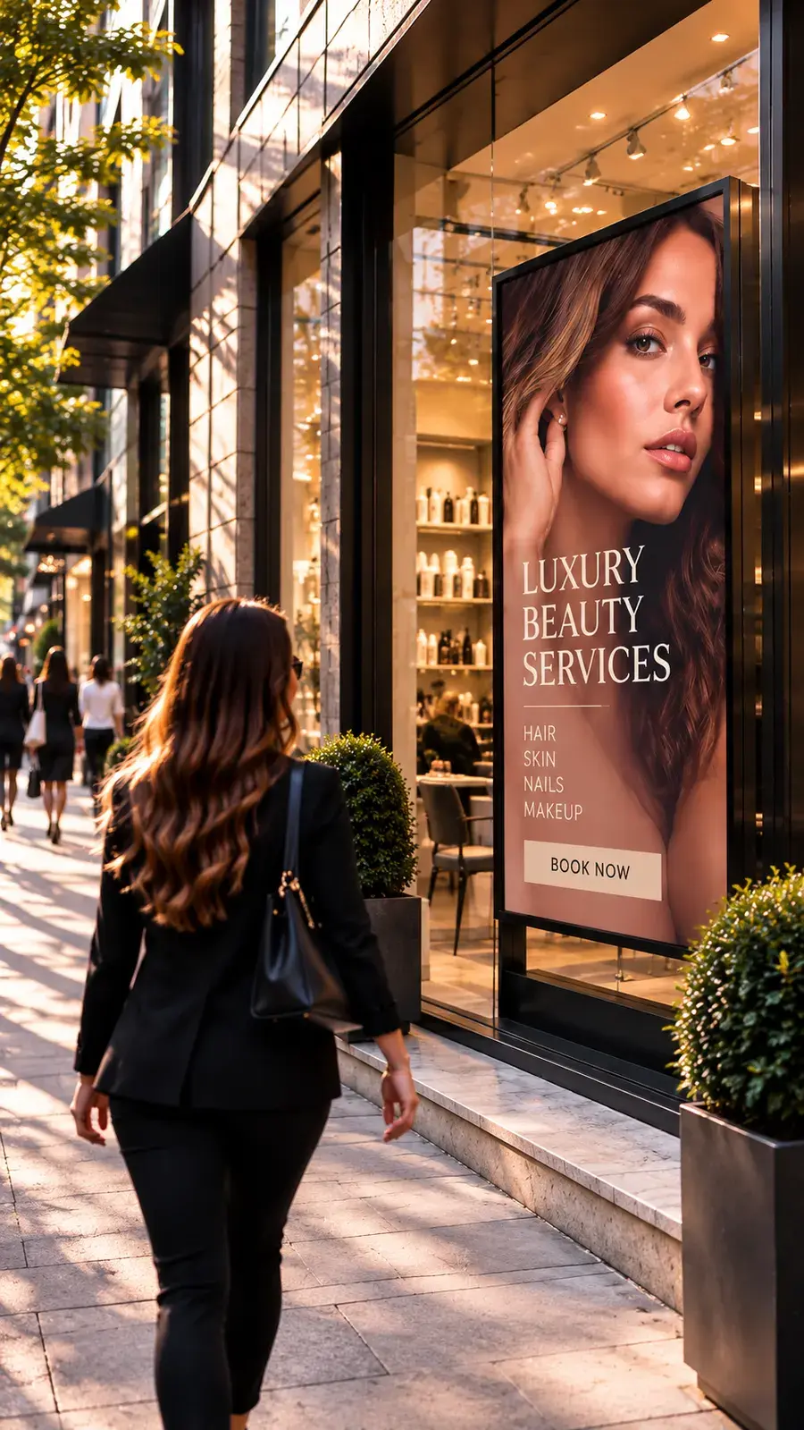 Beauty services advertised on a street-facing digital display