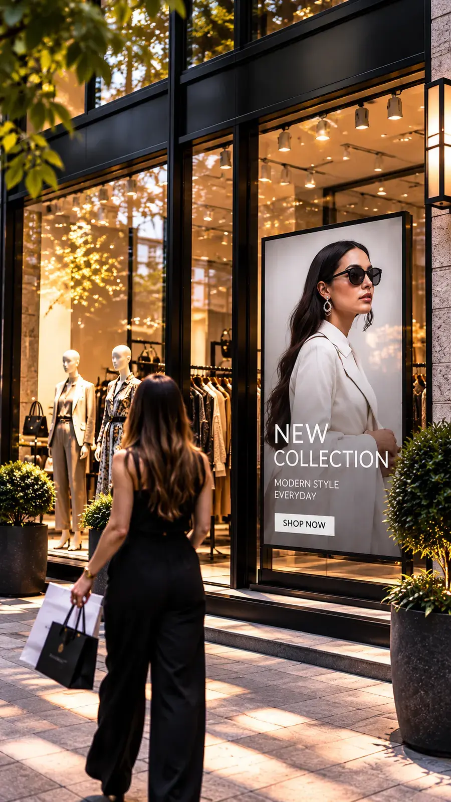 Fashion collection advertised on a street-facing digital display