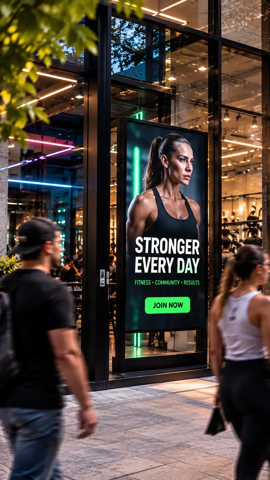 Fitness club advertised on a street-facing digital display