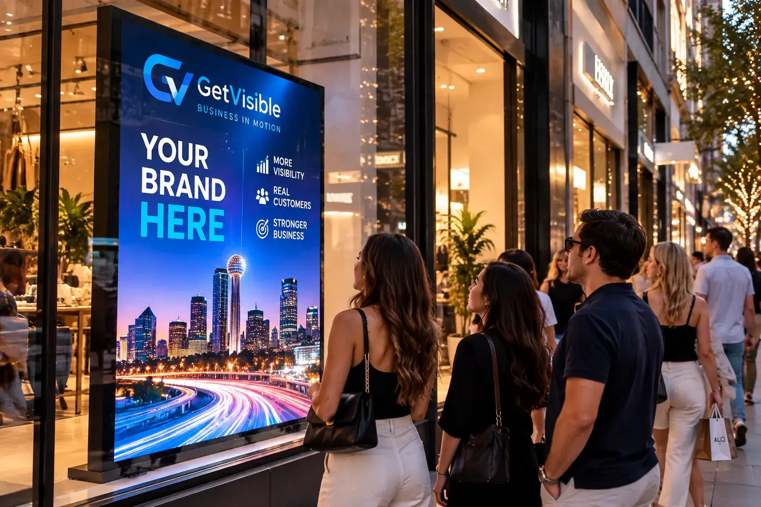 Passers-by looking at a Get Visible digital display on a Dallas street